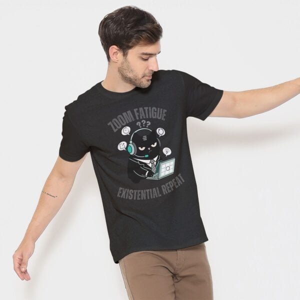 black-scowl-zoom-black-heather-man Black Scowl Existential Cat T-shirt Black Heather on Male Model.