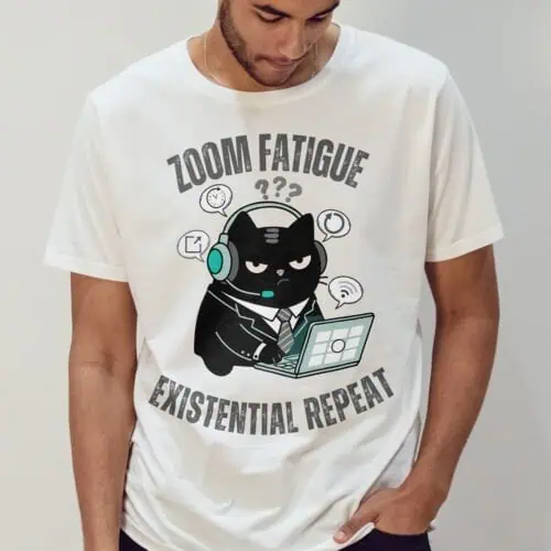 black-scowl-zoom-black-heather-man-fashion Black Scowl Existential Cat T-shirt Black Heather on Male Model.