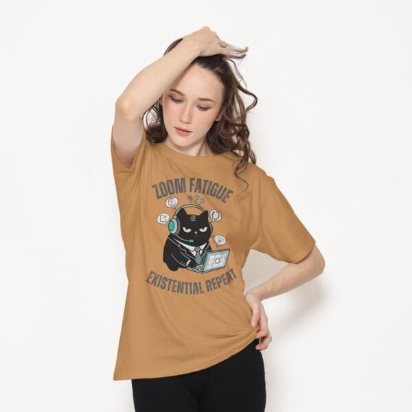 black-scowl-zoom-lifestyle-urban-woman Black Scowl Existential Cat T-shirt Street Style Mockup Female Model.