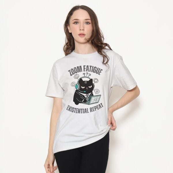 black-scowl-zoom-lifestyle-urban-woman tshirt Black Scowl Existential Cat T-shirt Street Style Mockup Female Model.