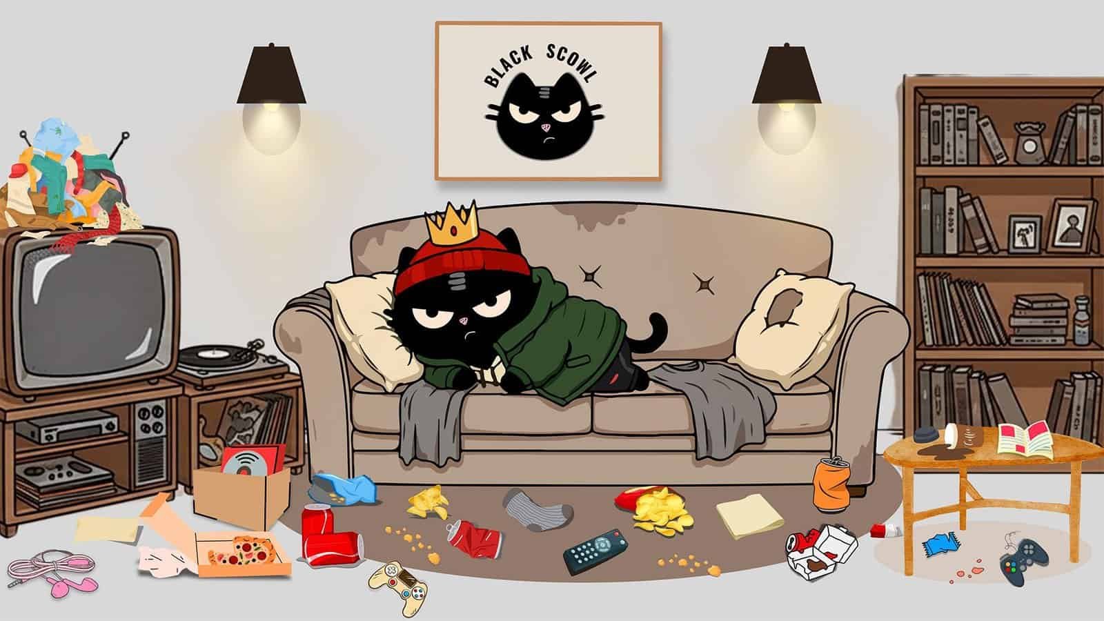 A humorous illustration of the Blackscowl cat lying lazily on a couch, surrounded by discarded clothes and food.