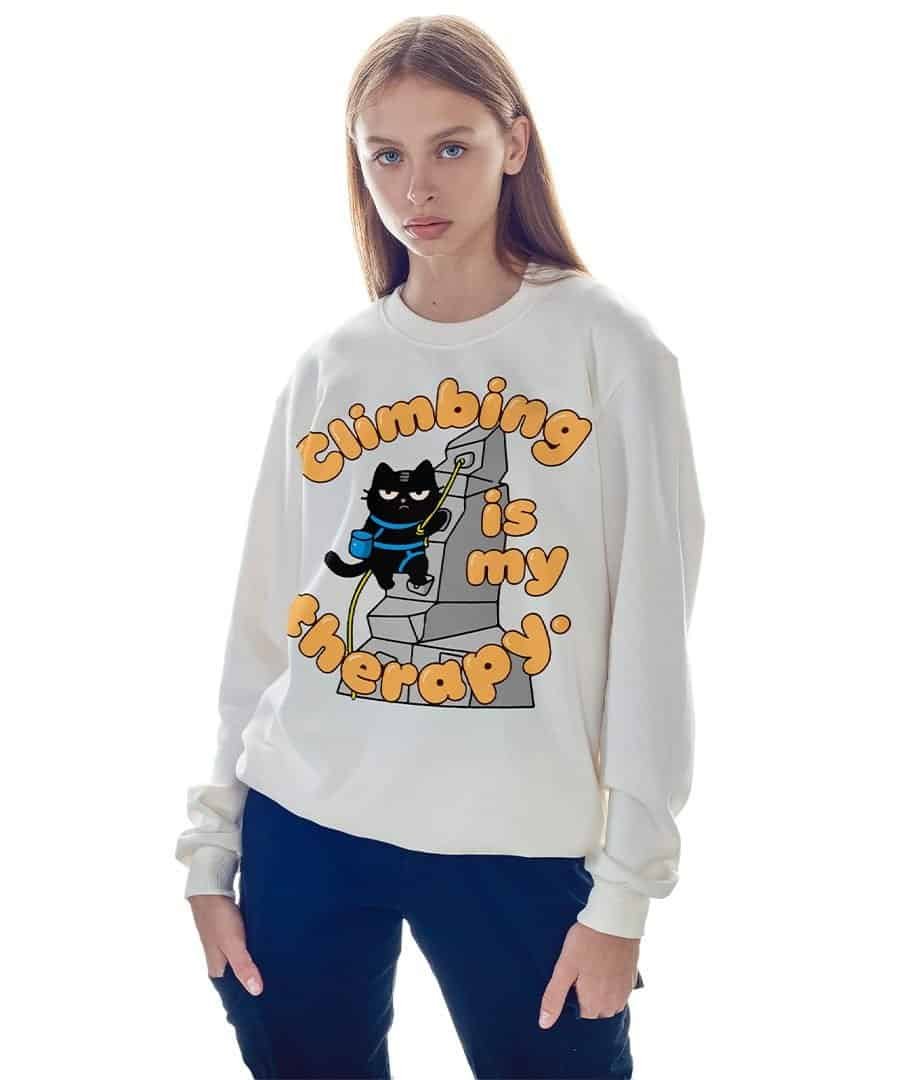 blackscowl woman wearing climbing is my therapy funny sweatshirt