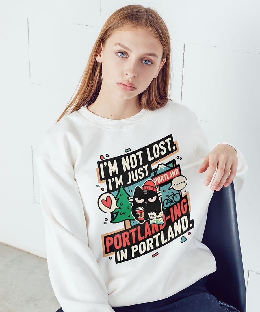blackscowl woman wearing not lost portland funny sweatshirt