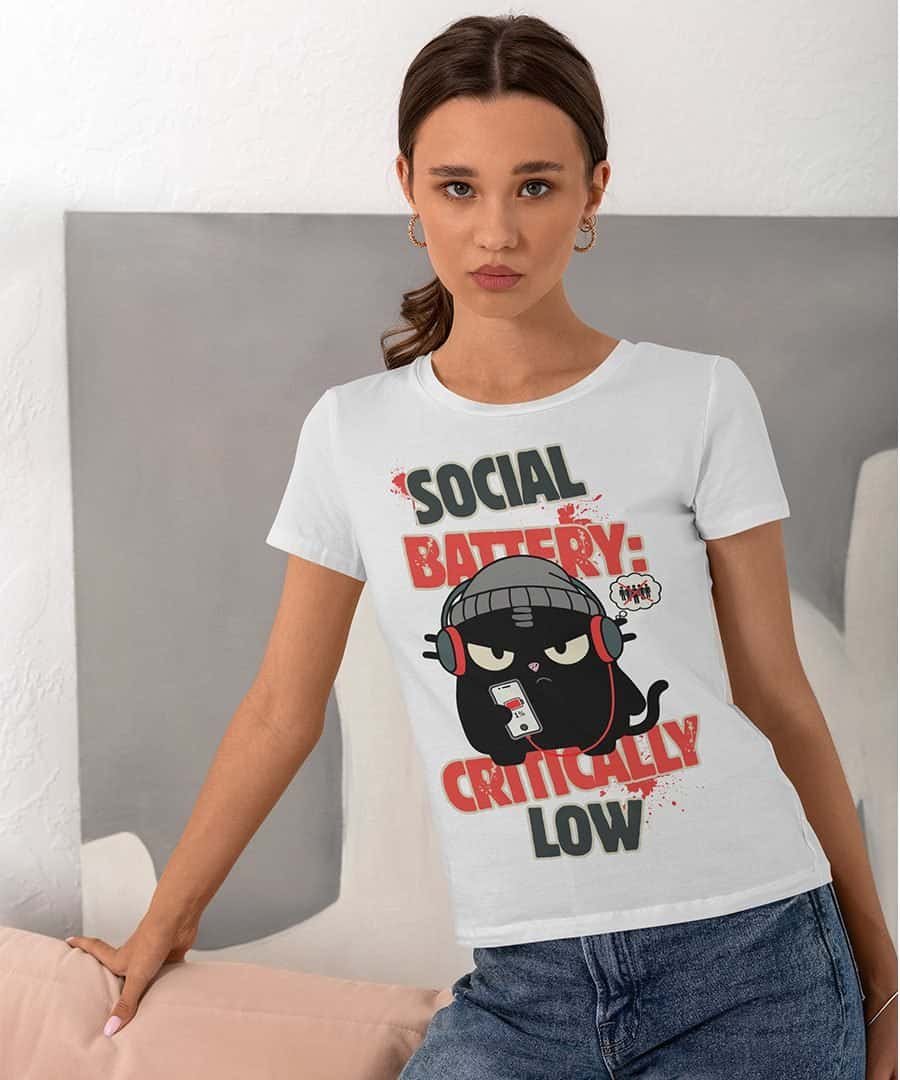 blackscowl woman wearing social battery critically low funny t-shirt