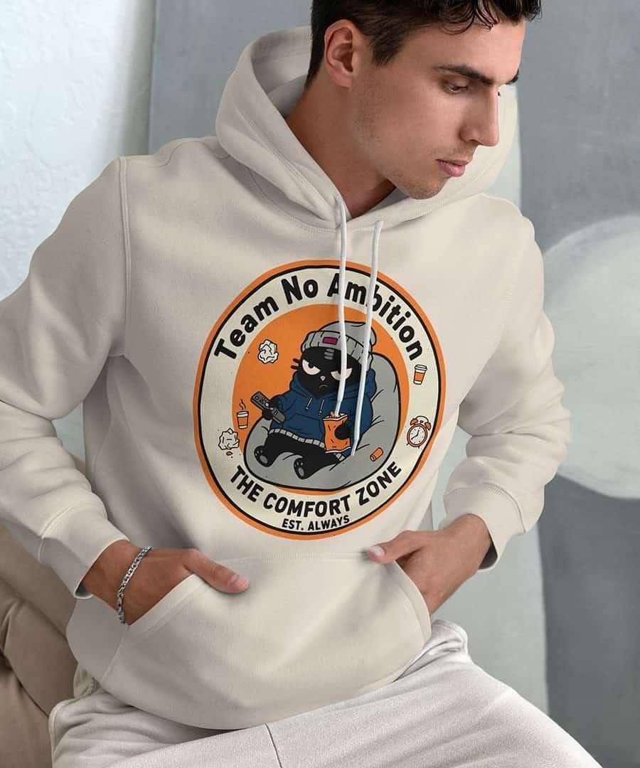 blackscowl man wearing team no ambition the comfort zone funny hoodie