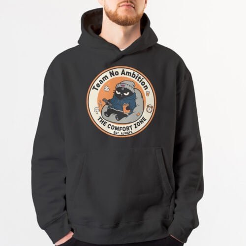 anti-motivation-man-bone-hoodie-cat-design Man enjoying the comfort zone, wearing the military green slacker "Team No Ambition" hoodie.