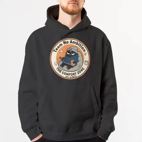 anti-motivation-man-bone-hoodie-cat-design Man enjoying the comfort zone, wearing the military green slacker "Team No Ambition" hoodie.