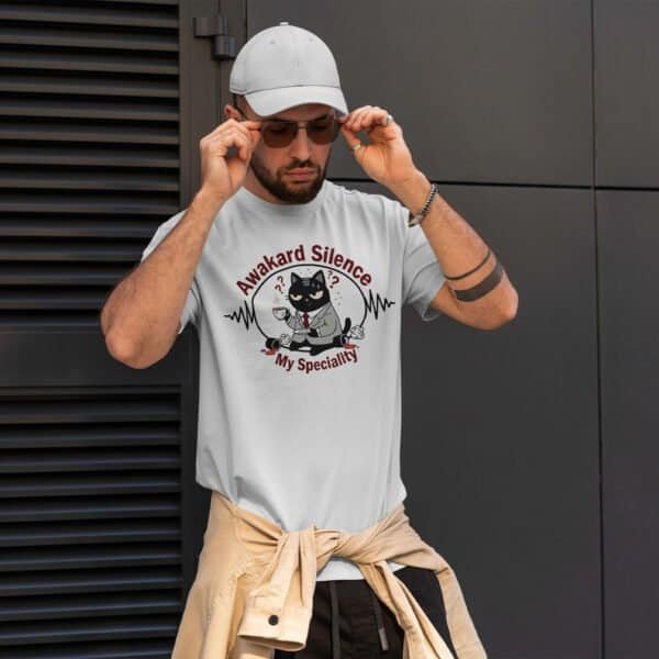 anti-social-tshirt-white-male-model Male model with sunglasses wearing the Awkward Silence My Speciality shirt.
