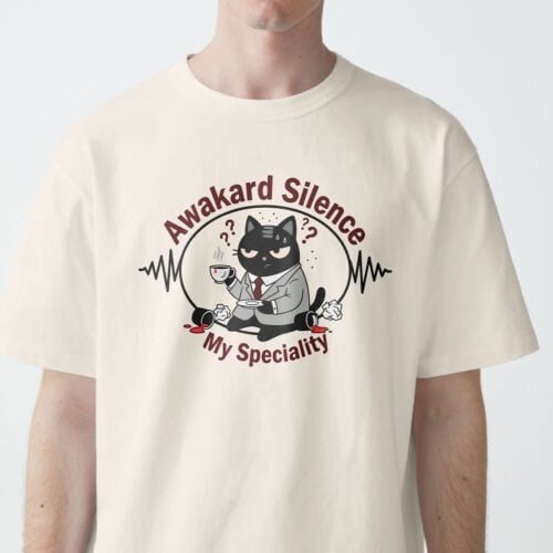 Detailed shot of the Black Scowl cat design with a tie, holding a teacup and a question mark bubble.