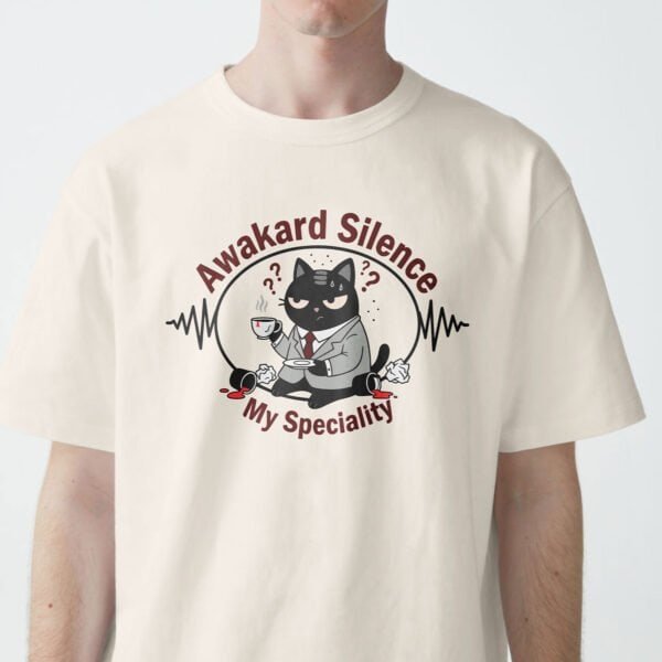 awkward-silence-cat-design-zoom-shot Detailed shot of the Black Scowl cat design with a tie, holding a teacup and a question mark bubble.