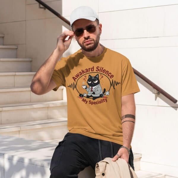 awkward-silence-tshirt-toast-male-model Male model wearing the Toast colored tee. The essential anti-social humor t-shirt.