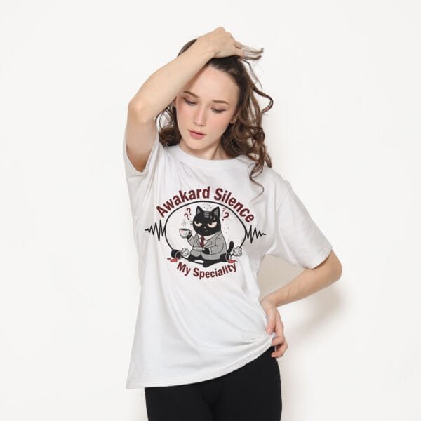awkward-silence-tshirt-white-female-model Female model wearing the social anxiety cat shirt tee. Perfect introvert humor apparel.