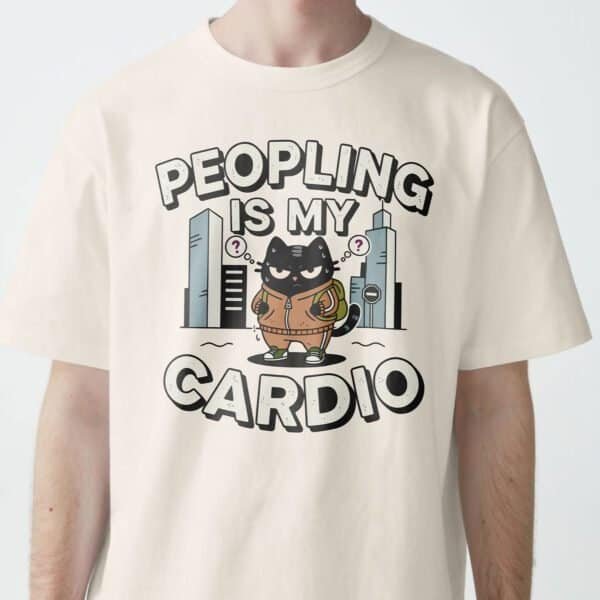 black-scowl-peopling-cardio-beige-shirt-zoom Anti-Social Black Scowl Cat T-Shirt: "Peopling Is My Cardio"