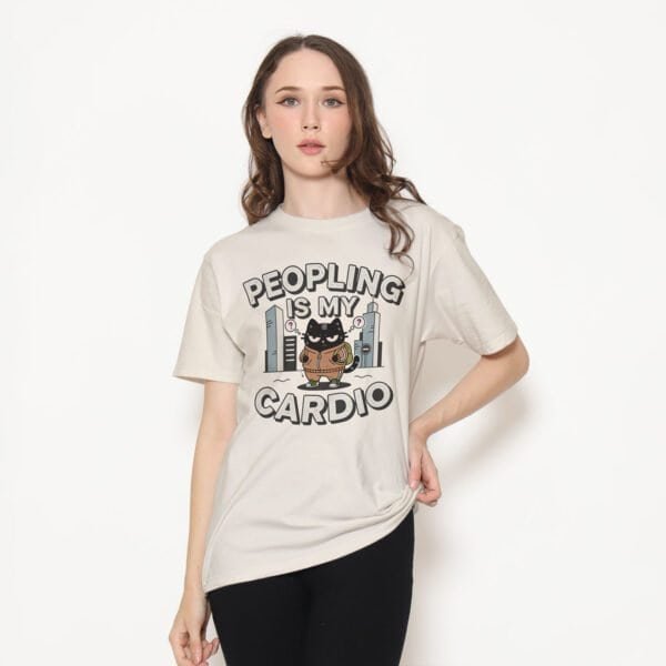 black-scowl-peopling-cardio-beige-tshirt-model Anti-Social Black Scowl Cat T-Shirt: "Peopling Is My Cardio"
