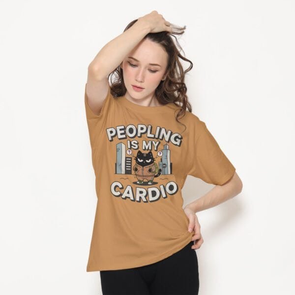 black-scowl-peopling-cardio-ochre-tshirt-woman-pose Anti-Social Black Scowl Cat T-Shirt: "Peopling Is My Cardio"