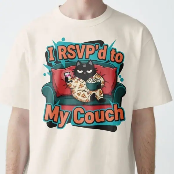 black-scowl-rsvp-couch-beige-shirt-zoom Introvert Black Scowl Cat T-Shirt: "I RSVP'd to My Couch"