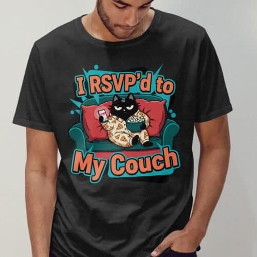 black-scowl-rsvp-couch-black-tshirt-front-view Sarcastic Black Scowl cat t-shirt, 'I RSVP'd to My Couch' design on a black tee.