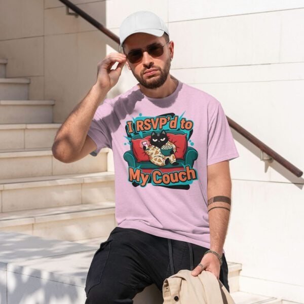 black-scowl-rsvp-couch-pink-tshirt-man-urban Introvert Black Scowl Cat T-Shirt: "I RSVP'd to My Couch"