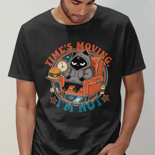 black-scowl-times-moving-black-tshirt-front Sarcastic Black Scowl cat t-shirt, 'Time's Moving. I'm Not.' design on a black tee.
