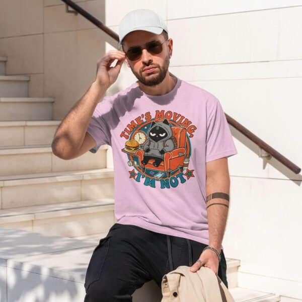 black-scowl-times-moving-pink-tshirt-man-urban Sloth Humor Cat T-Shirt: "Time's Moving. I'm Not." by Black Scowl