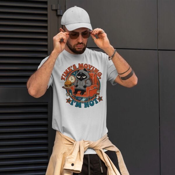 black-scowl-times-moving-white-tee-man-casual Sloth Humor Cat T-Shirt: "Time's Moving. I'm Not." by Black Scowl