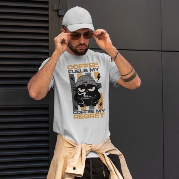 black-scowl-tshirt-male-model-streetwear Male model with sunglasses wearing the Black Scowl Coffee Regret shirt in a casual/street style.