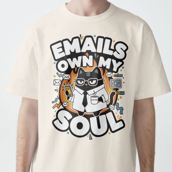 blackscowl-unisex-tee-email-soul-cat-beige-male-front 'Emails Own My Soul' Unisex T-Shirt | Sarcastic WFH Email Humor Tee