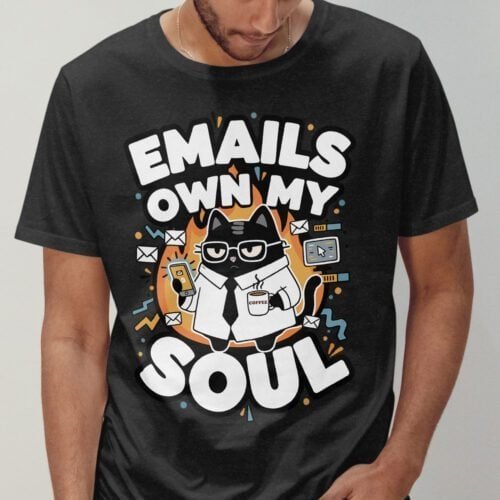 blackscowl-unisex-tee-email-soul-cat-black-model-cover Cover image of "Emails Own My Soul" shirt in Black color