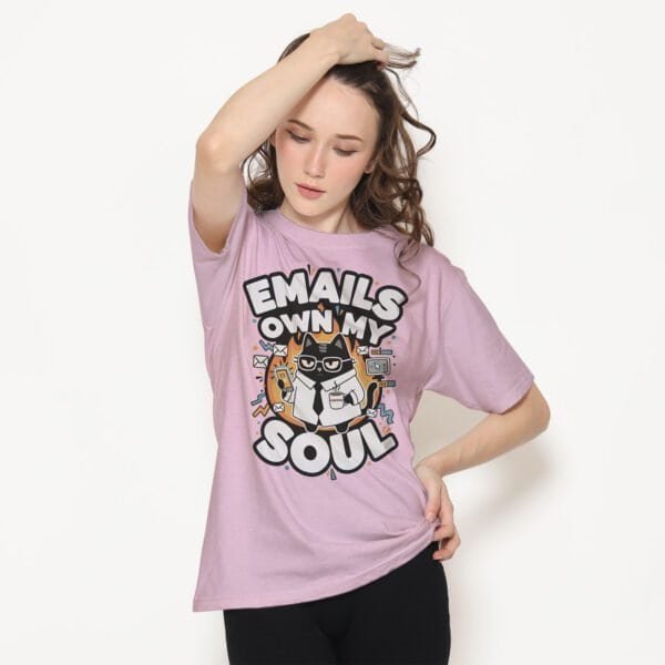 blackscowl-unisex-tee-email-soul-cat-lila-model-1 Sarcastic WFH Cat T-Shirt - "Emails Own My Soul" in Purple/Lila