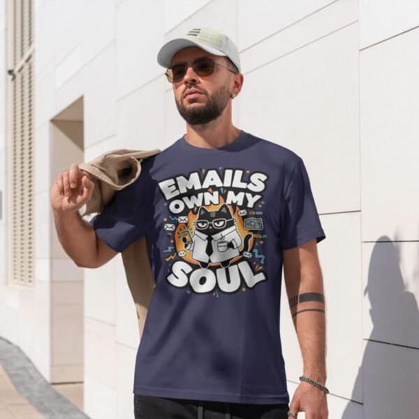 blackscowl-unisex-tee-email-soul-cat-navy-male-outside 'Emails Own My Soul' Unisex T-Shirt | Sarcastic WFH Email Humor Tee