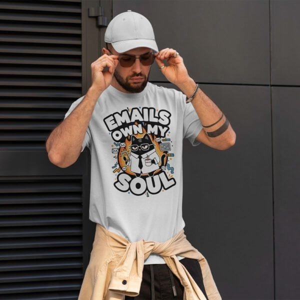 blackscowl-unisex-tee-email-soul-cat-white-male-style Male model wearing "Emails Own My Soul" tee - WFH Humor