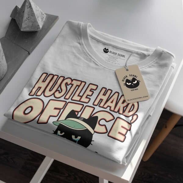 blackscowl-unisex-tee-hustle-cry-cat-folded-tag-detail 'Hustle Hard, Office Cry Harder' Unisex T-Shirt | Sarcastic WFH Cat Tee