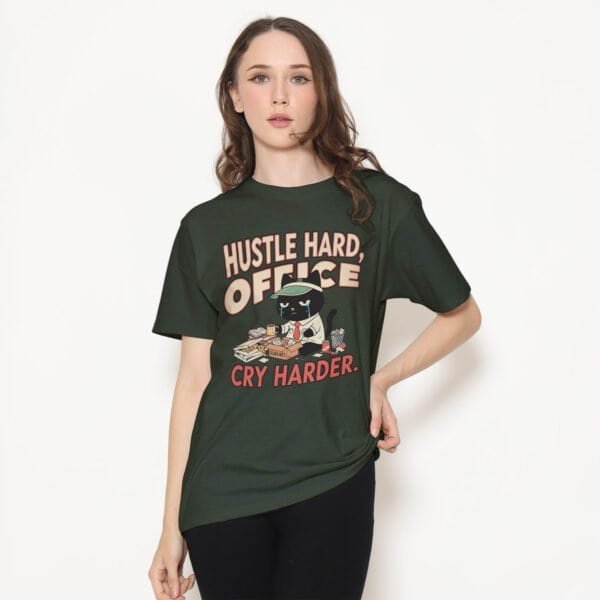 blackscowl-unisex-tee-hustle-cry-cat-green-model-1 'Hustle Hard, Office Cry Harder' Unisex T-Shirt | Sarcastic WFH Cat Tee