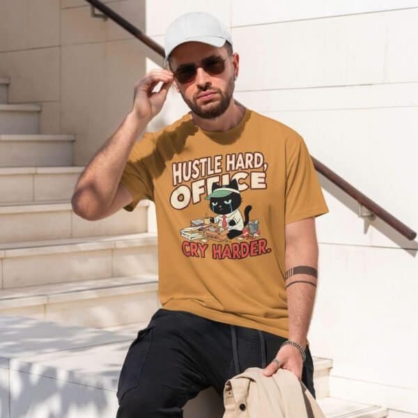 blackscowl-unisex-tee-hustle-cry-cat-ochre-male-outside 'Hustle Hard, Office Cry Harder' Unisex T-Shirt | Sarcastic WFH Cat Tee