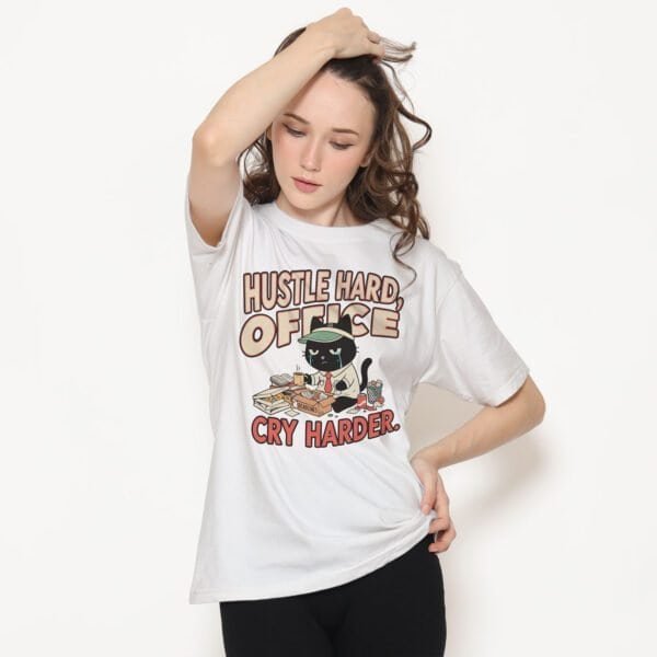 blackscowl-unisex-tee-hustle-cry-cat-white-model-2 Black Scowl Office Humor Tee in White - Hustle Culture Sarcasm