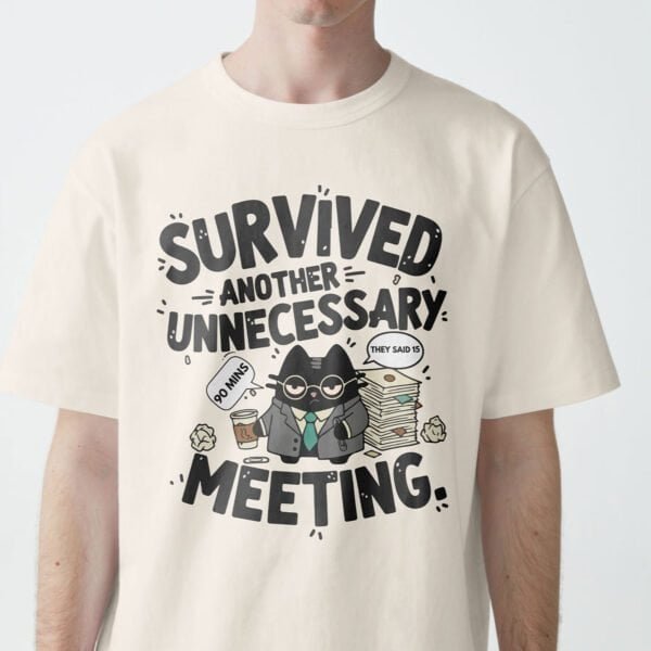 blackscowl-unisex-tee-meeting-cat-beige-male-front 'Survived Another Unnecessary Meeting' Unisex T-Shirt | Sarcastic WFH Cat Tee