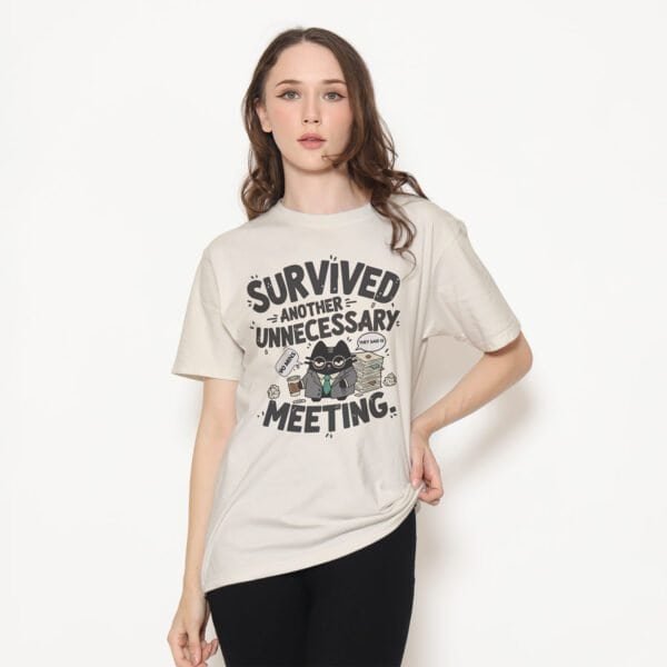 blackscowl-unisex-tee-meeting-cat-beige-model-2 Black Scowl Cat Tee in Toast/Beige - WFH Humor