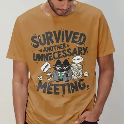 blackscowl-unisex-tee-meeting-cat-mustard-model-cover Cover image of "Survived Another Unnecessary Meeting" shirt in Ocre