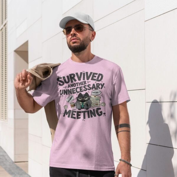 blackscowl-unisex-tee-meeting-cat-pink-male-outside Unisex WFH Cat T-Shirt in Pink/Maroon - Humor for Remote Workers