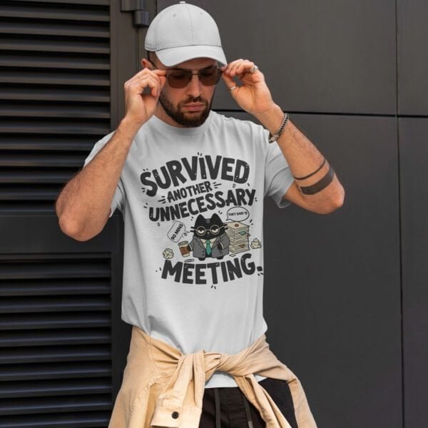 blackscowl-unisex-tee-meeting-cat-white-male-style 'Survived Another Unnecessary Meeting' Unisex T-Shirt | Sarcastic WFH Cat Tee