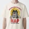 blackscowl-unisex-tee-meeting-nap-cat-beige-male-front Front view of "Meeting Could've Been a Nap" tee in Toast/Beige