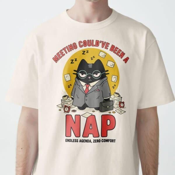 blackscowl-unisex-tee-meeting-nap-cat-beige-male-front Front view of "Meeting Could've Been a Nap" tee in Toast/Beige