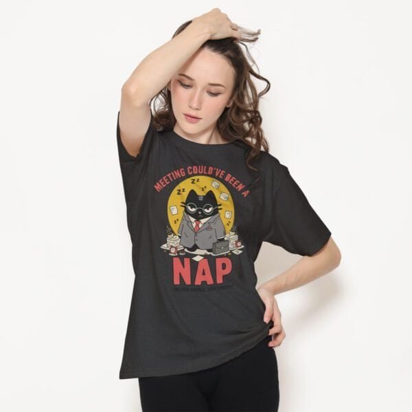 blackscowl-unisex-tee-meeting-nap-cat-dark-grey-model-1 Sarcastic WFH Cat T-Shirt - "Meeting Could've Been a Nap" in Dark Grey