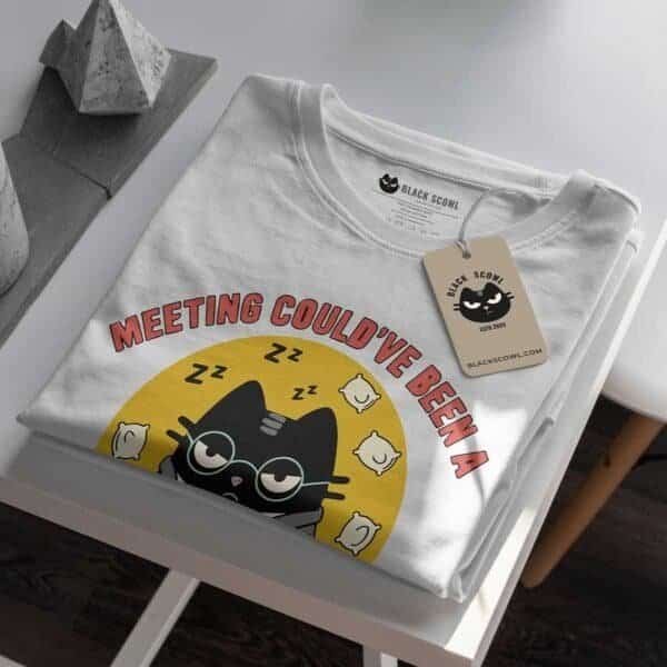 blackscowl-unisex-tee-meeting-nap-cat-folded-tag-detail 'Meeting Could've Been a Nap' Unisex T-Shirt | Sarcastic Sleepy Cat WFH Tee