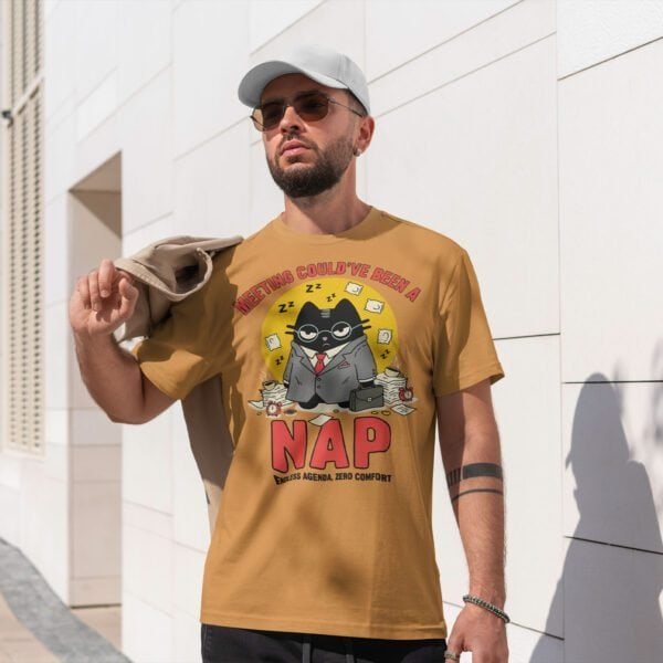 blackscowl-unisex-tee-meeting-nap-cat-ocre-male-outside 'Meeting Could've Been a Nap' Unisex T-Shirt | Sarcastic Sleepy Cat WFH Tee