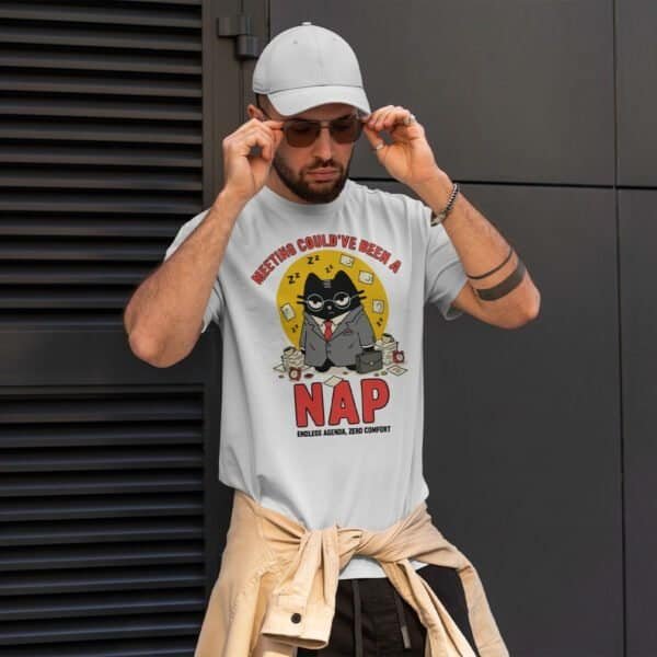 blackscowl-unisex-tee-meeting-nap-cat-white-male-style Male model wearing "Meeting Could've Been a Nap" tee - Office Humor