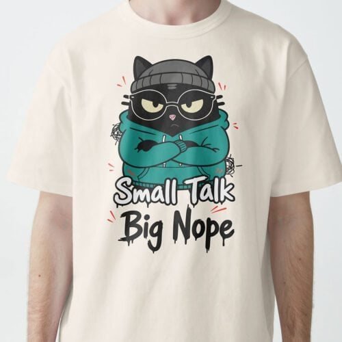 Front view of "Small Talk, Big Nope" tee in Beige/Vintage White