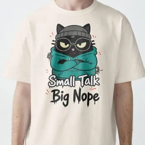Front view of "Small Talk, Big Nope" tee in Beige/Vintage White