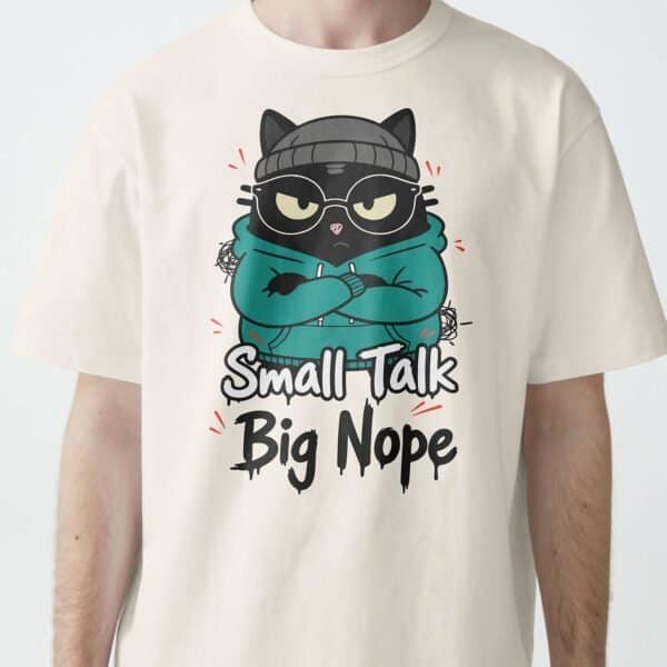 blackscowl-unisex-tee-small-talk-nope-cat-beige-male-front Front view of "Small Talk, Big Nope" tee in Beige/Vintage White