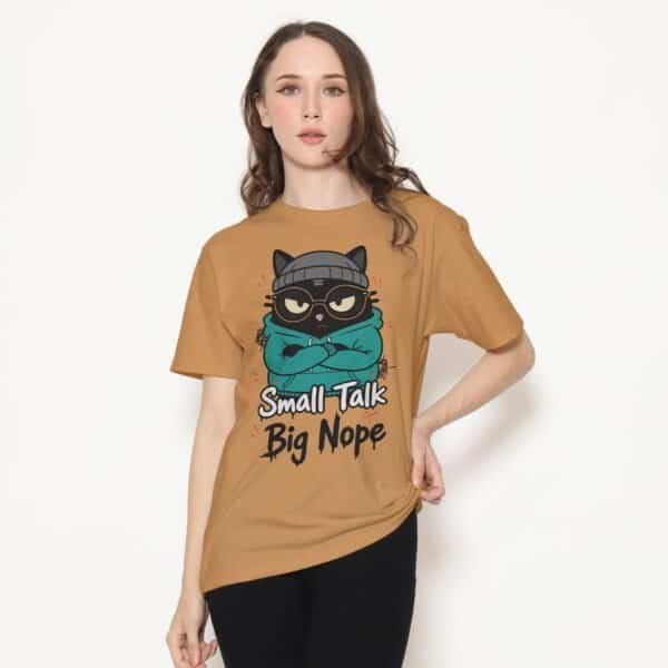 blackscowl-unisex-tee-small-talk-nope-cat-brown-model-1 Sarcastic WFH Cat T-Shirt - "Small Talk, Big Nope" in Brown